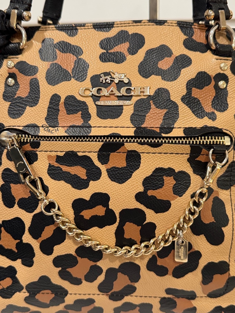 Coach Bag Leopard Ocelot Print Car Town Tote with Chain Detail - Picture 6 of 17